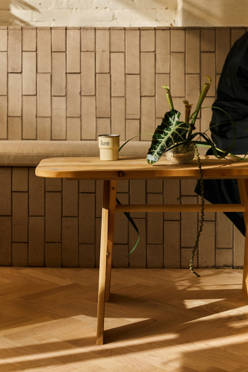 A wooden table holds a potted plant and a small candle labeled "lore," set in front of a brick-patterned wall and bench.