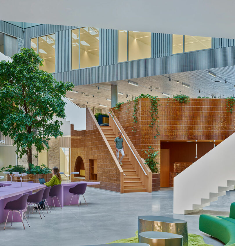 Modern office interior with open seating, indoor trees, a person ascending wooden stairs, and large windows on the upper level.