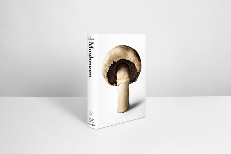 A hardcover book titled "Mushroom," featuring a large mushroom photograph on the front cover, stands upright on a white surface—an inviting look at the taste and beauty of fungi against a plain background.