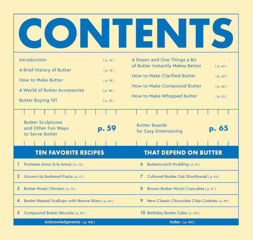 Table of contents page for a butter-themed book, listing sections, page numbers, and recipe titles—organized into "Ten Favorite Recipes" and "That Depend on Butter"—all highlighting the irresistible taste of butter.