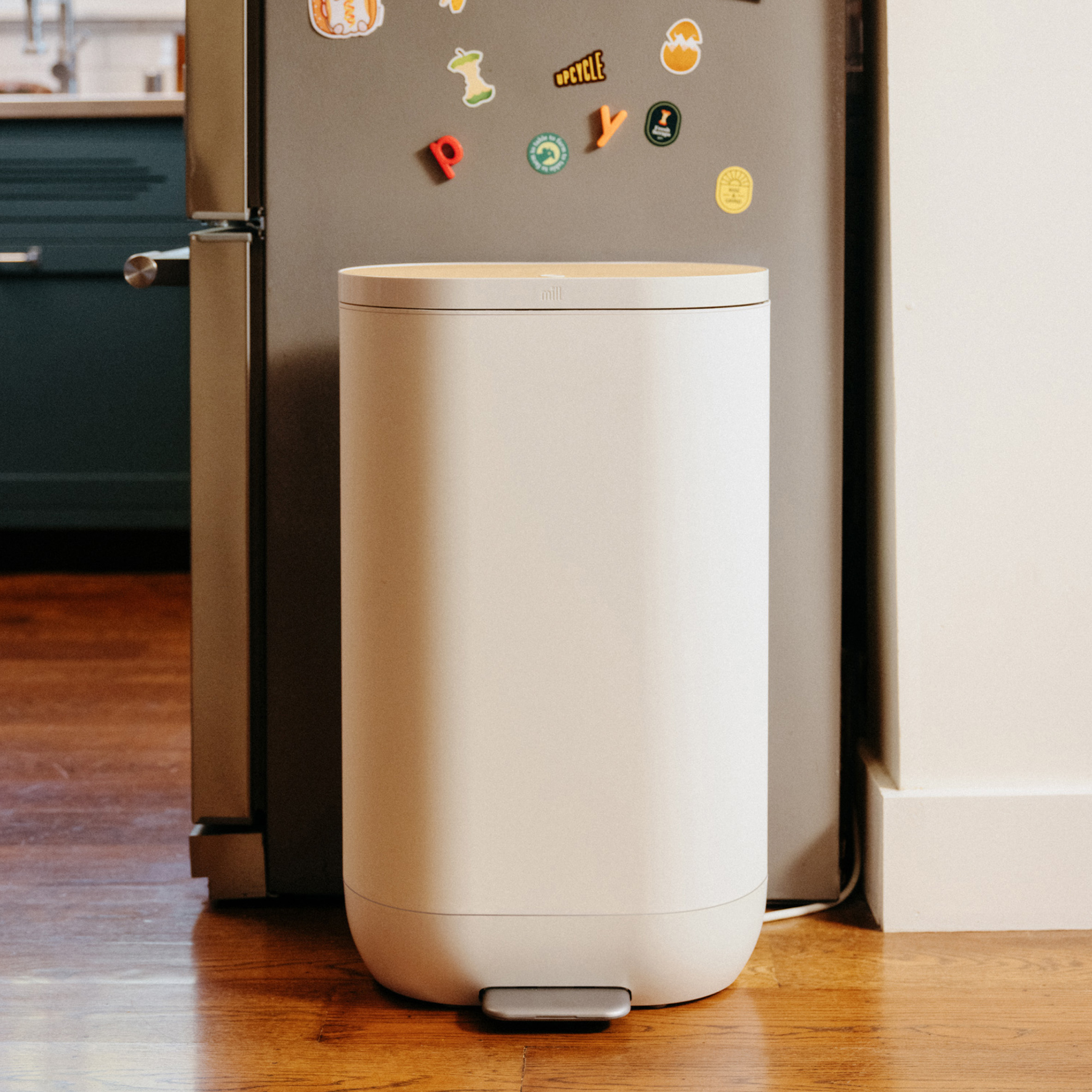 Photo of the Mill food waste bin in a kitchen