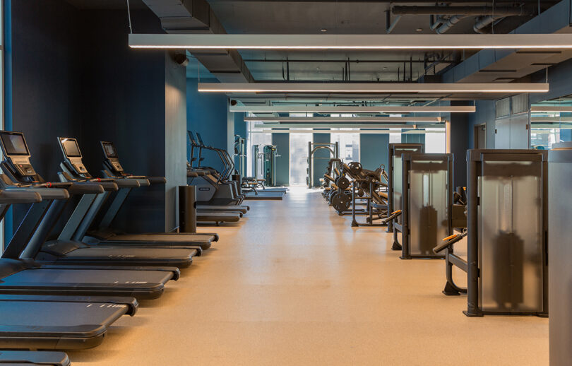 A modern Roost Rainey gym interior with treadmills on the left, weight machines on the right, and various exercise equipment in the background.