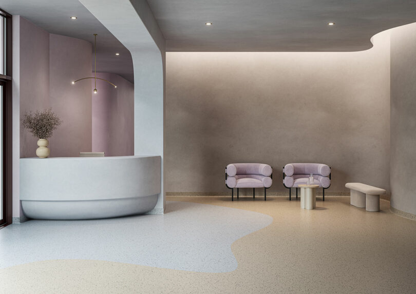 Minimalist lobby featuring a curved light gray reception desk, two modern lavender chairs, a small side table, a white bench, and neutral-toned Tarkett flooring with soft lighting.