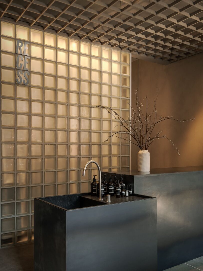 Modern minimalist interior with a black sink, countertop, and toiletries in front of a glass block wall; a vase with branches sits on the counter, and a sign reads "RECESS.