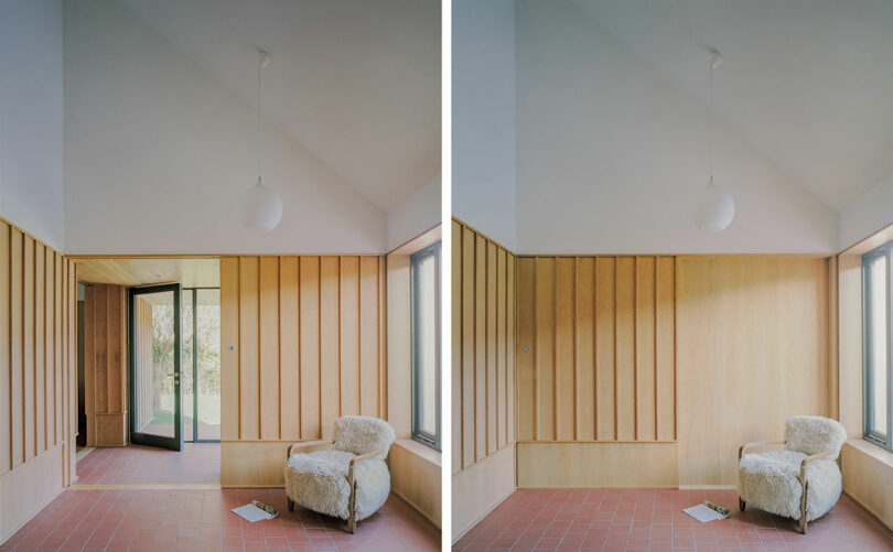 Two views of a minimalist room with light wood paneling, terracotta floor tiles, a sheepskin chair, a book on the floor, and a white pendant light. Large windows provide natural light.