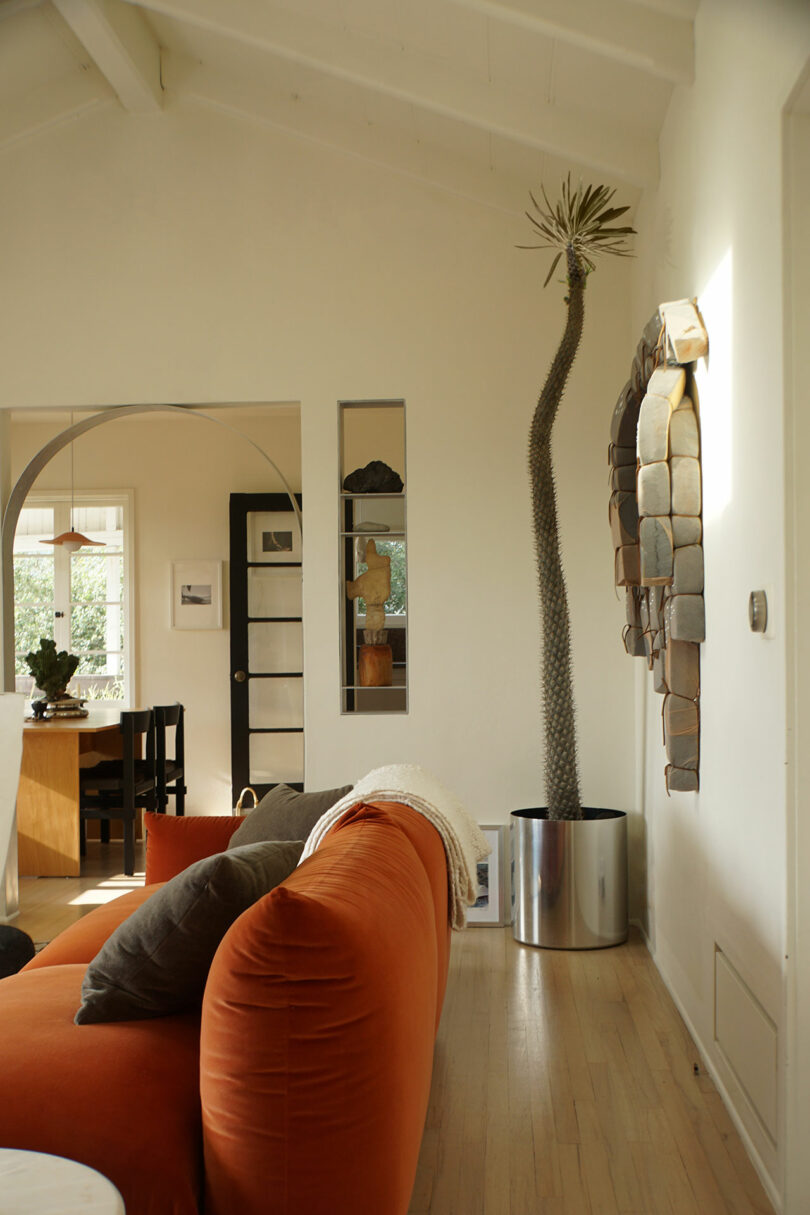 A modern living room with an orange sofa, wooden floor, a tall potted cactus, wall art, and an open archway leading to a dining area with natural light.