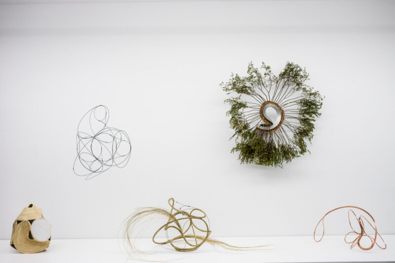 Four abstract sculptures made from wire, plant material, and fiber are displayed against a plain white gallery wall.