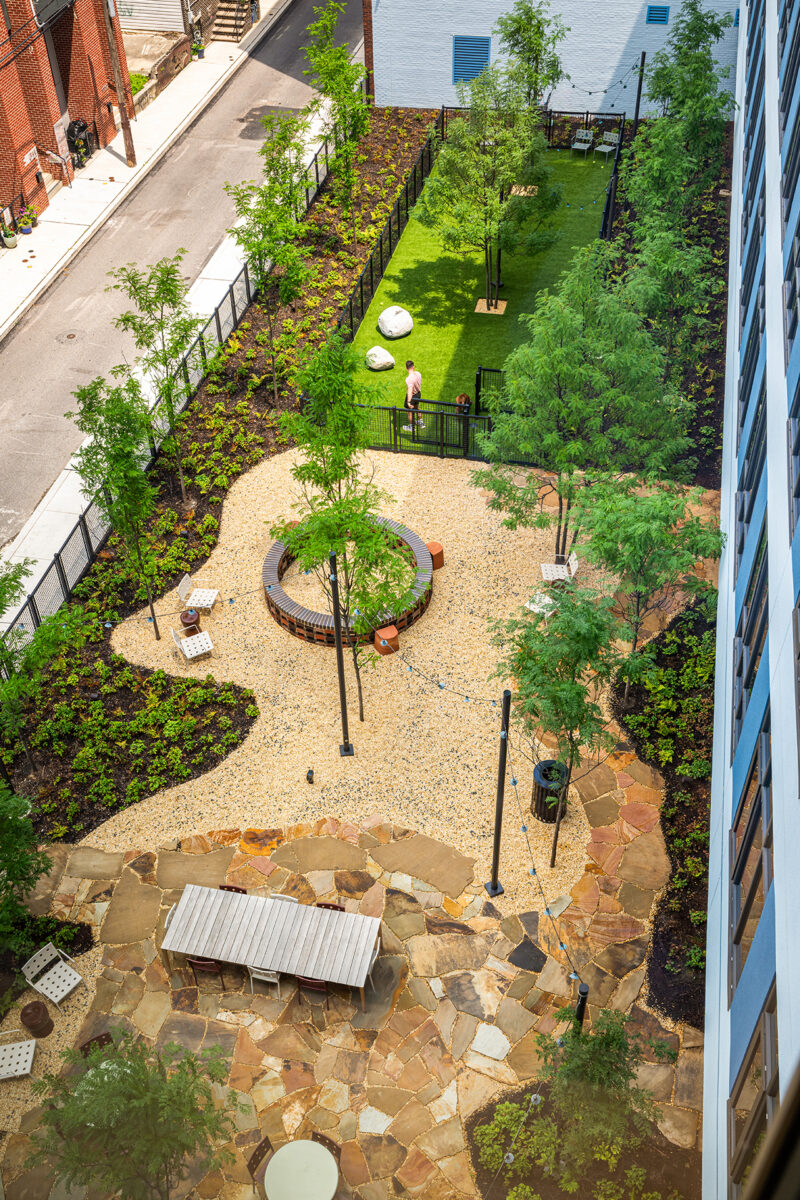 Aerial view of a fenced urban courtyard at Fishtown Urby with gravel paths, benches, green lawn, trees, and one person standing near the grass area.