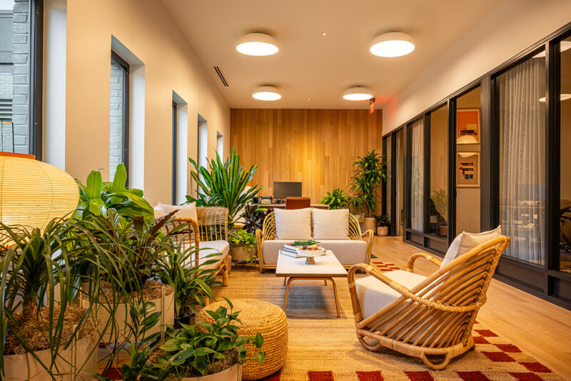 Modern lounge area with wicker chairs, a sofa, coffee tables, numerous green plants, a wooden panel wall, and large windows—perfect for relaxing or gathering with friends at Fishtown Urby.