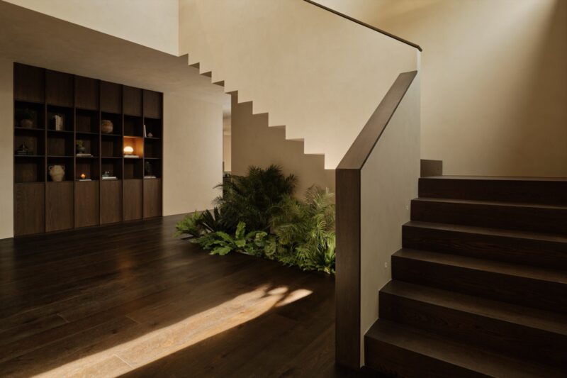 Modern interior of Obsidian House with a dark wooden staircase, built-in shelving, and green indoor plants nestled beneath the stairs. Warm natural light illuminates the dark wood floor and neutral walls.