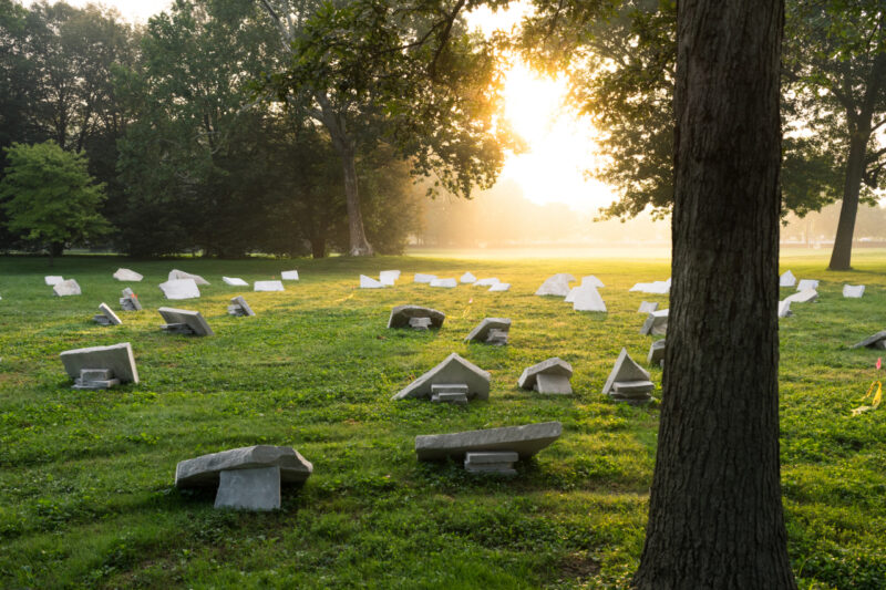 Stone sculptures are arranged in a circular pattern on a grassy field at sunrise, with trees in the background and sunlight streaming through.