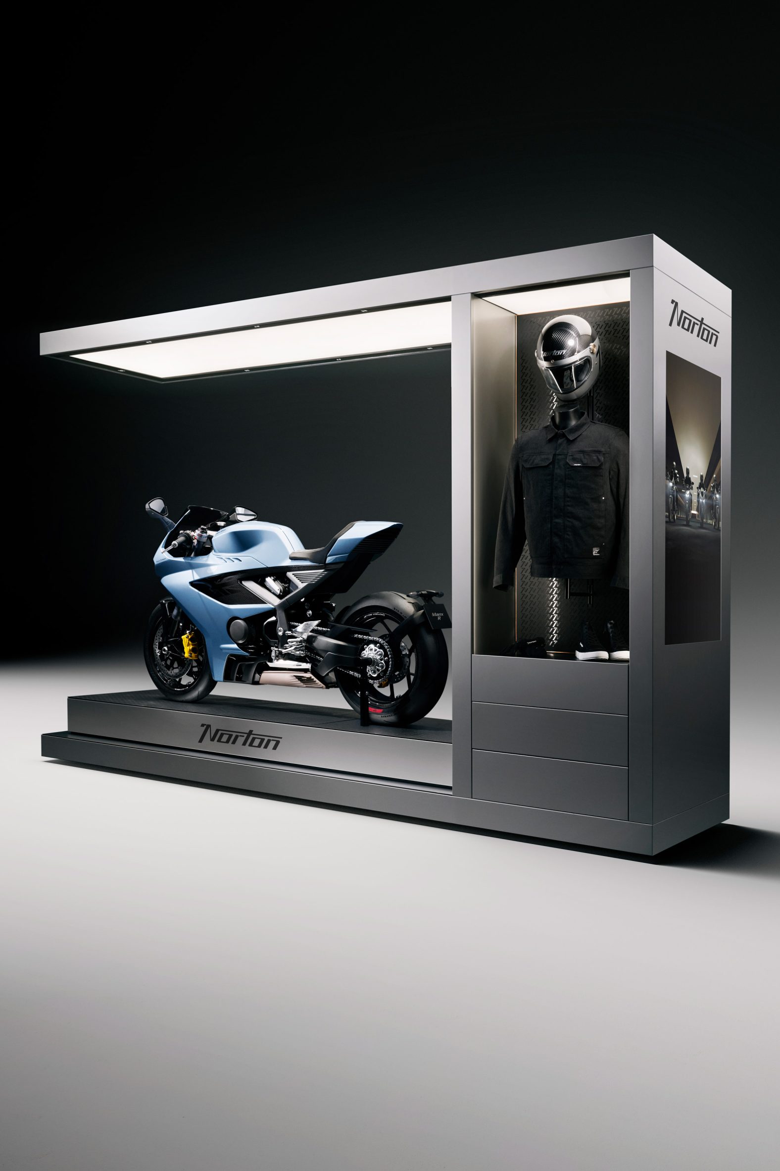 The vehicles are displayed on futuristic-style podiums