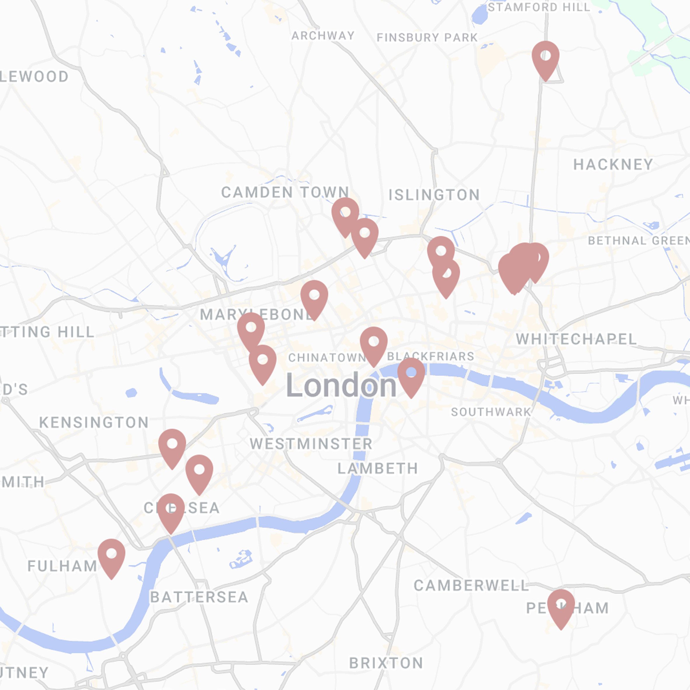 Map of London with pink pins
