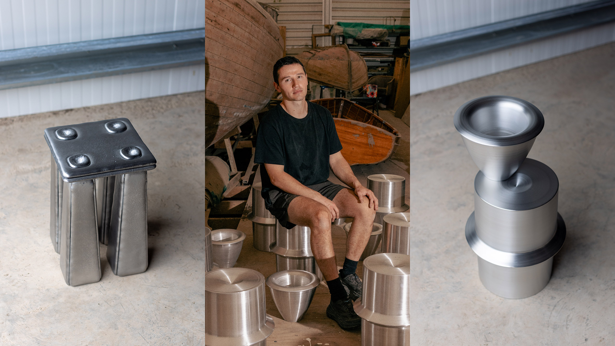 Portrait of and metalwork designs by Marc Sweeney