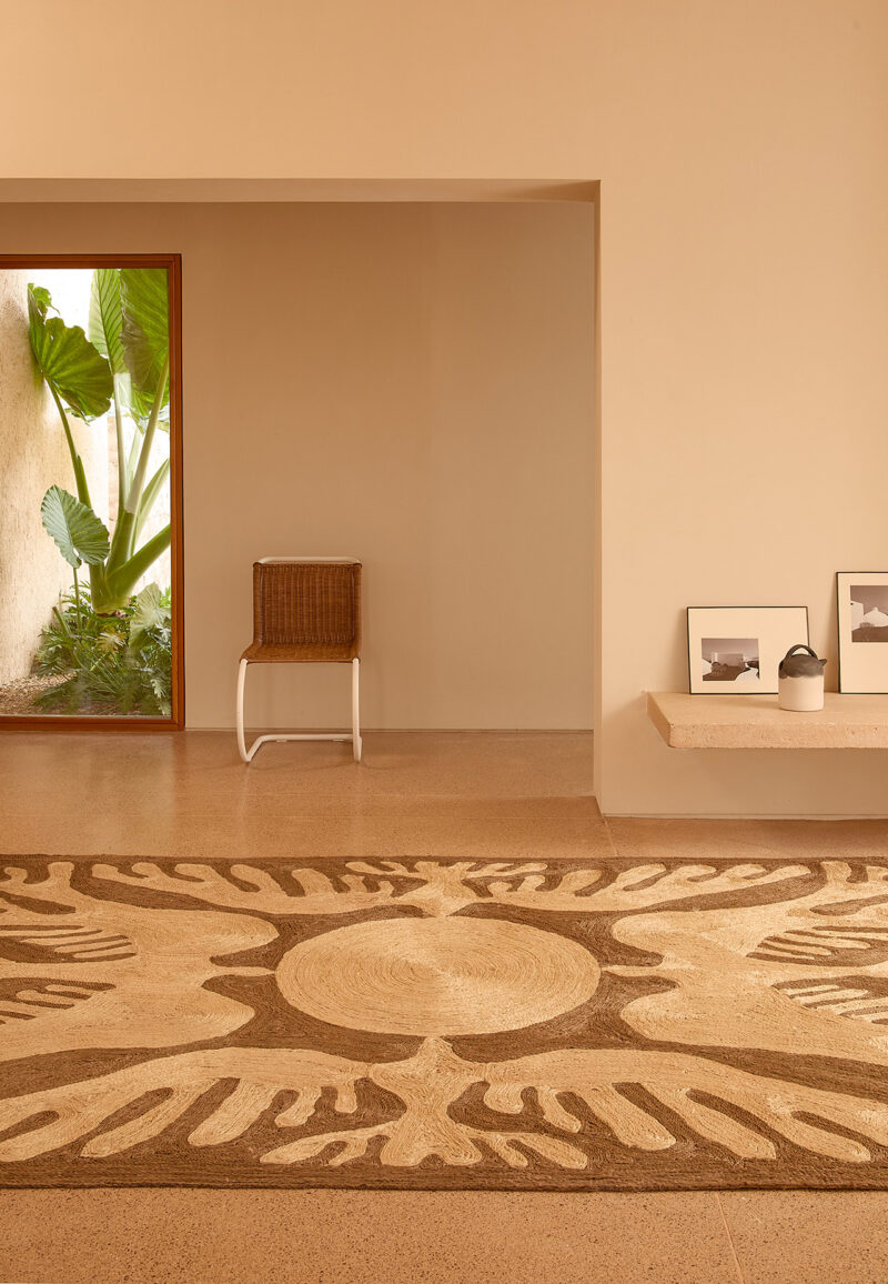 A patterned designer rug with brown and tan motifs sits on a floor in front of a woven chair, a stone ledge with framed prints, and a doorway looking out onto a plant.