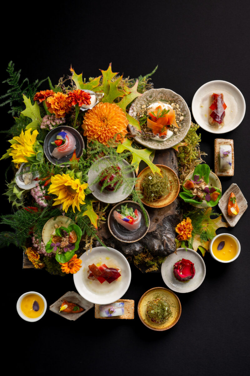 An overhead view of numerous small, artistic plates of appetizers arranged amongst autumn leaves and flowers on a dark surface.
